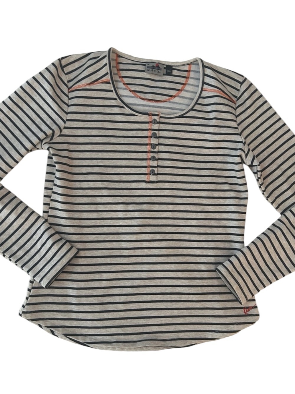 Kavu Navy and White Striped Long Sleeve Henley with Orange Trim medium